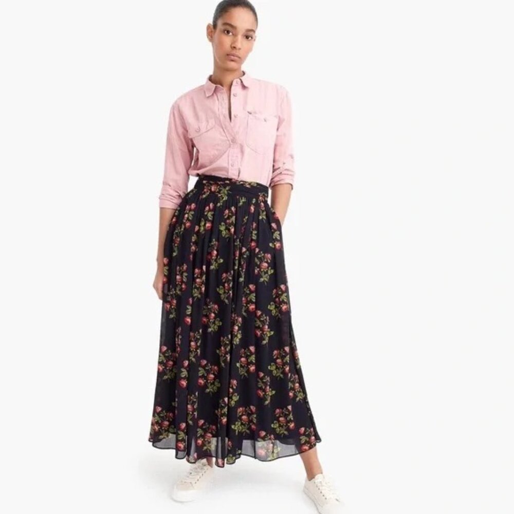 J. Crew | Point Sur Olive Green Floral Maxi Skirt in Crinkle Chiffon Size 0 - Picture 2 of 10